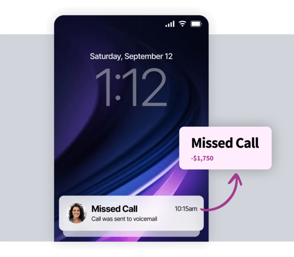Mobile lock screen showing a missed call notification pointing to a popup reading Missed Call -$1,750