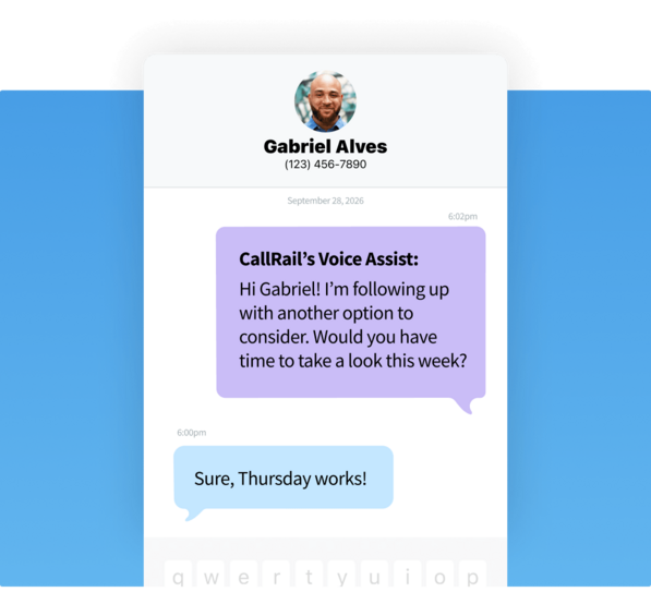 Text message conversation between CallRail's Voice Assist and lead Gabriel Alves following up on property options.