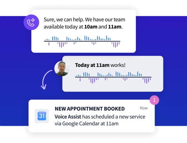 Voice assistant scheduling interface showing appointment booking confirmation via Google Calendar at 11am