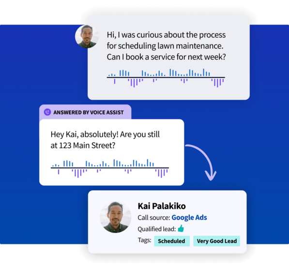 Voice Assist interface showing customer inquiry, automated scheduling response, and resulting lead profile for Kai Palakiko tagged Very Good Lead.