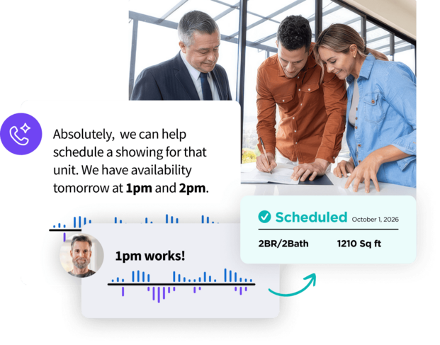 Graphic illustrating an automated apartment showing setup with text messages, audio waveforms, and a scheduled confirmation for a 2BR apartment.