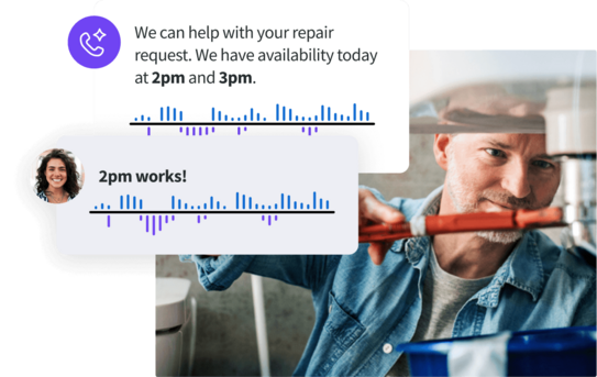 Graphic showing a plumbing service chat: "We can help with your repair request. We have availability today at 2pm and 3pm." and the reply "2pm works!" overlaid on a plumber working.