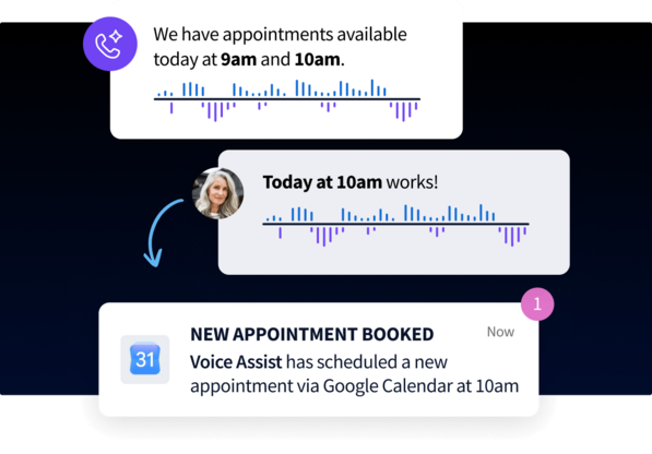 Illustration of a voice assistant scheduling a 10am appointment, showing a chat log confirming the time and a calendar notification.