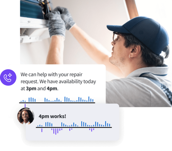 Technician repairing an air conditioner, overlaid with text bubbles showing an automated service offering afternoon appointment slots.