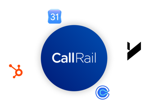 CallRail logo surrounded by icons for Google Calendar, HubSpot, Yardi, and Calendly integrations.