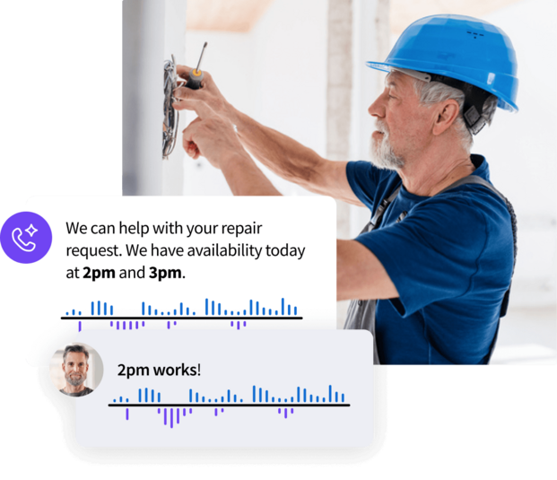 An electrician working on wiring overlaid with text messages scheduling a repair at 2pm.