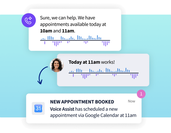 Voice assistant appointment scheduling UI showing a booking confirmation via Google Calendar at 11am