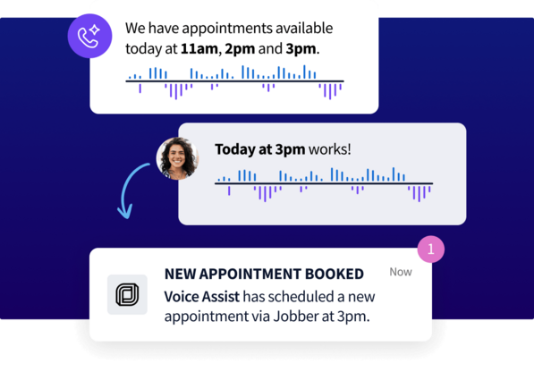 Graphic showing a voice assistant booking an appointment at 3pm via Jobber.