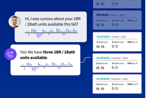 Interface showing a phone inquiry about 2-bedroom units paired with apartment availability listings and audio waveforms.