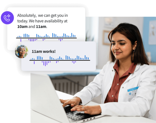 Healthcare professional using a laptop, overlaid with chat bubbles showing an appointment being scheduled for 11am.