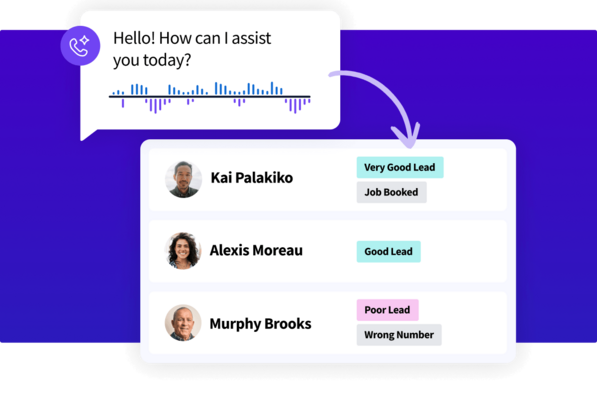 Interface showing incoming voice greeting directing to a CRM list categorizing leads as Very Good, Good, or Poor