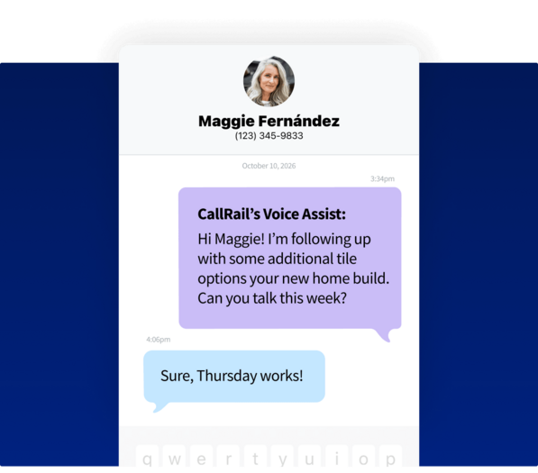 Text message conversation where CallRail's Voice Assist follows up with Maggie Fernández about tile options, and she confirms Thursday works.