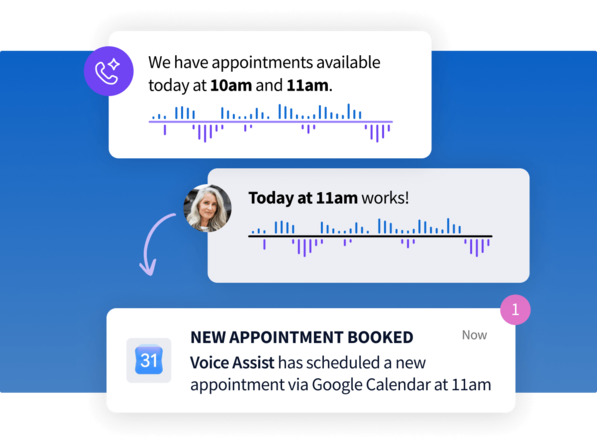 Chat bubbles showing an automated appointment booking confirmation for 11am via Google Calendar.