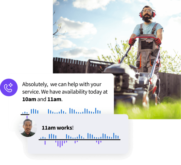 Landscaper mowing a lawn with overlaid audio appointment scheduling message popups.