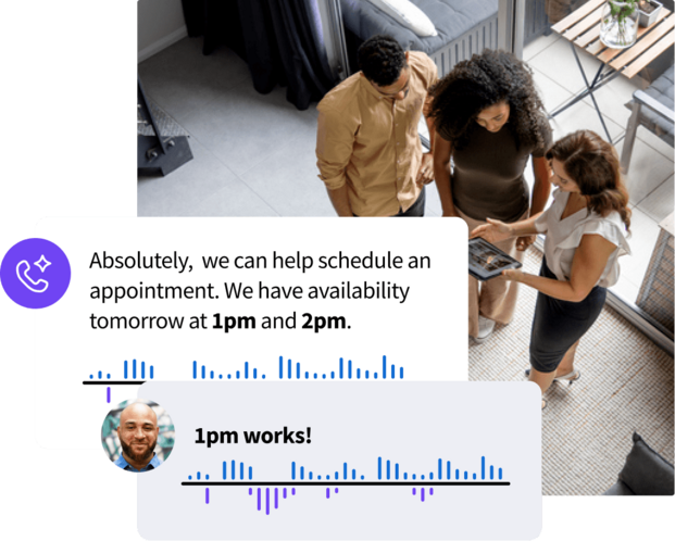 Real estate agent showing a tablet to a couple, with chat and audio waveform overlays