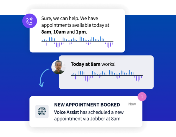 Graphic showing a voice assistant booking an appointment at 8am via Jobber.