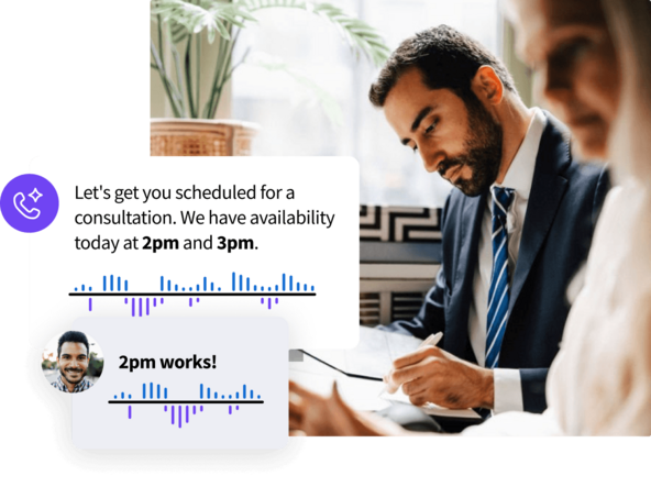 A professional in a suit reviews paperwork while conversational voice assistant bubbles overlay an automated scheduling interaction.