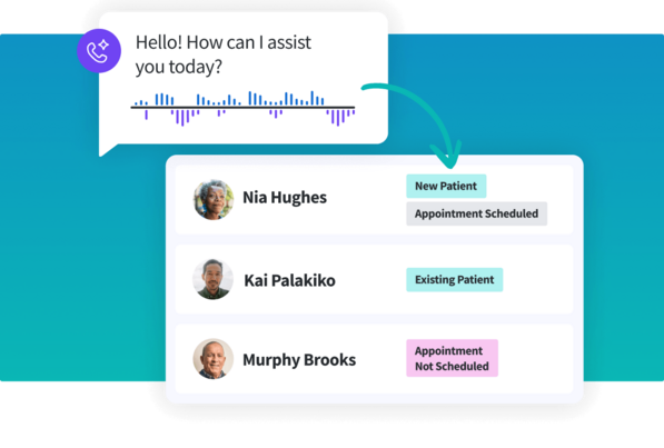 Chat bubble asking "How can I assist you today?" with an arrow pointing to a patient roster showing status tags for three different patients.