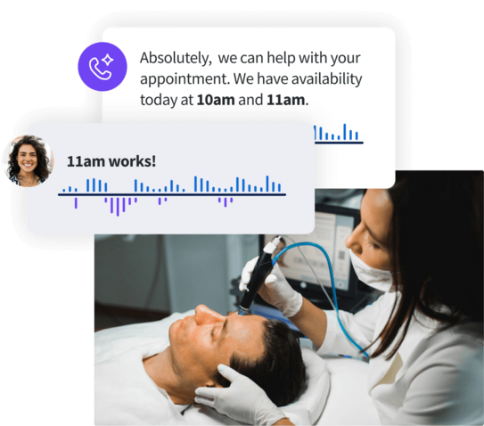 Esthetician giving facial treatment to a client, with overlaid audio appointment scheduling message popups.