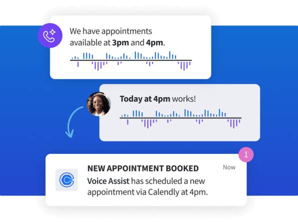 Diagram of a text conversation booking an appointment, leading to a notification that reads "New Appointment Booked" via Voice Assist.