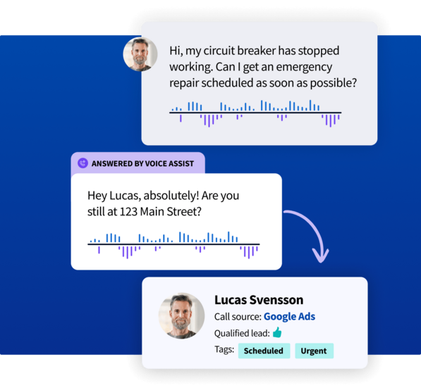 Text chat bubbles showing an automated emergency repair request conversation, connected to a customer profile card for Lucas Svensson.
