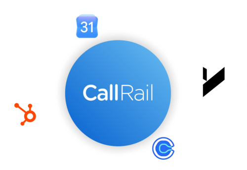 CallRail logo surrounded by icons for Google Calendar, HubSpot, Yardi, and Calendly integrations.