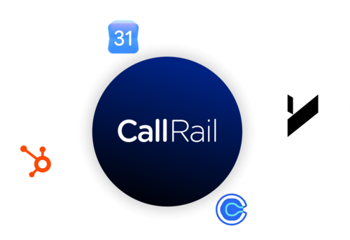 CallRail logo surrounded by icons for Google Calendar, HubSpot, Yardi, and Calendly integrations.