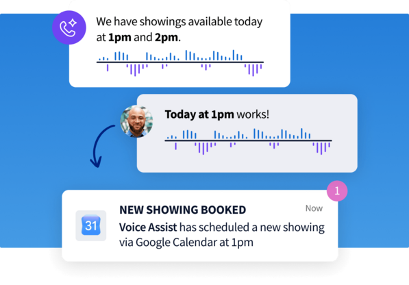 Chat interface showing a voice assistant booking a 1pm showing, followed by a notification confirming a new booking in Google Calendar.