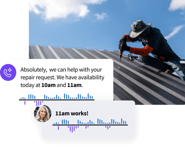 Worker repairing a roof overlaid with text bubbles offering appointment times at 10am and 11am.