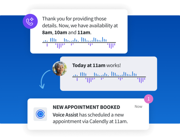 Three chat bubbles showing Voice Assist offering appointment times, a patient selecting 11am, and a confirmation notification from Calendly.