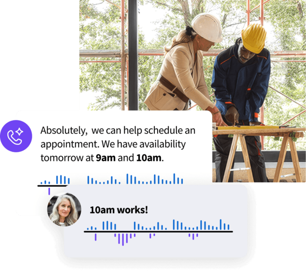 Chat interface showing a scheduling conversation offering appointments at 9am and 10am, with a response "10am works!". The background features two construction workers reviewing plans.
