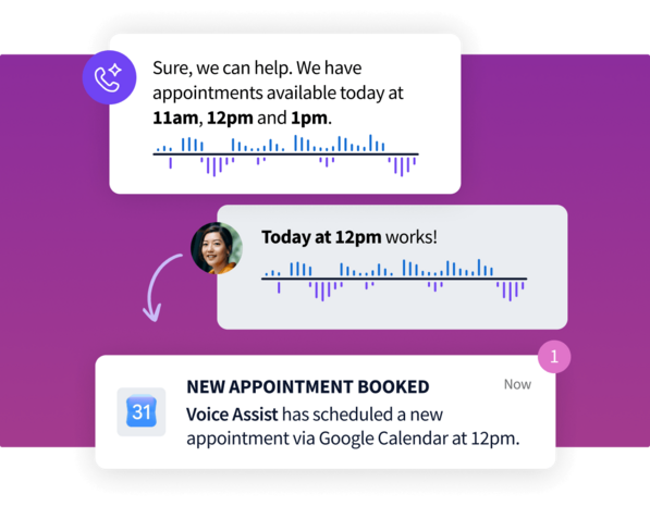 Chat interface mockup showing an assistant offering appointment times, a user selecting 12pm, and a confirmation notification of a booked Google Calendar event.