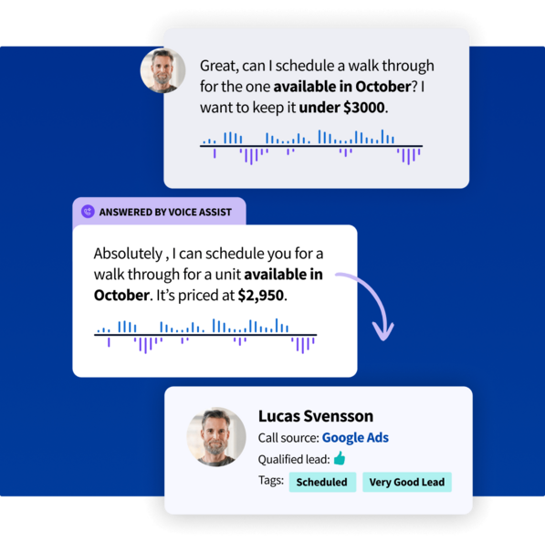 Interface showing a lead scheduling an apartment walkthrough with Voice Assist and qualified lead details.