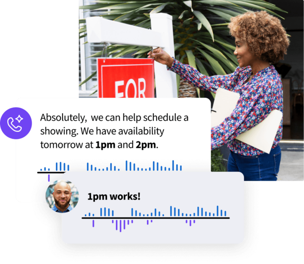 A real estate agent hanging a for-sale sign, overlaid with chat bubbles showing a scheduling conversation about property showing times.