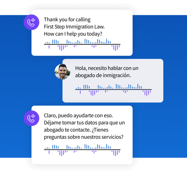 UI mockup showing a voice conversation switching from an English greeting to real-time Spanish translation for an immigration law firm.