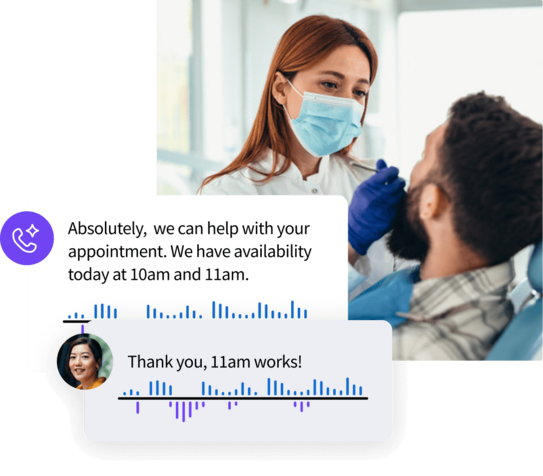 Dental hygienist examining a patient, with chat and audio waveform overlays