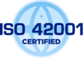 ISO 42001 CERTIFIED badge with a light blue globe icon in the background.