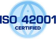 ISO 42001 CERTIFIED badge with a light blue globe icon in the background.