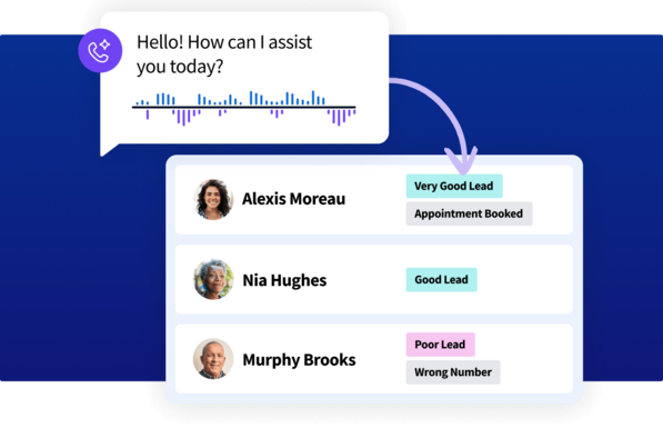 Two smartphone mockups showing a customer conversation interface and lead tracking dashboard metrics.