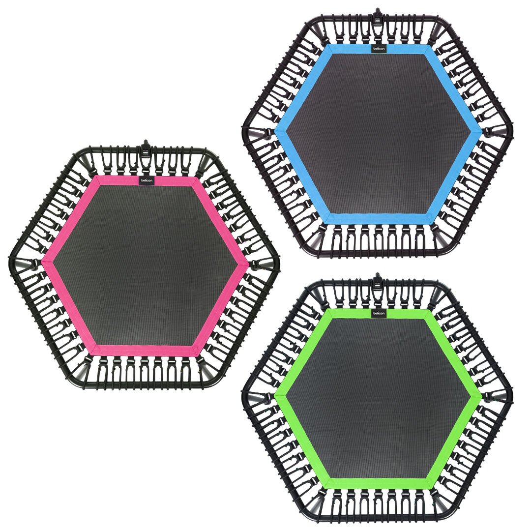Three bellicon Jumping rebounder in pink, blue and green.