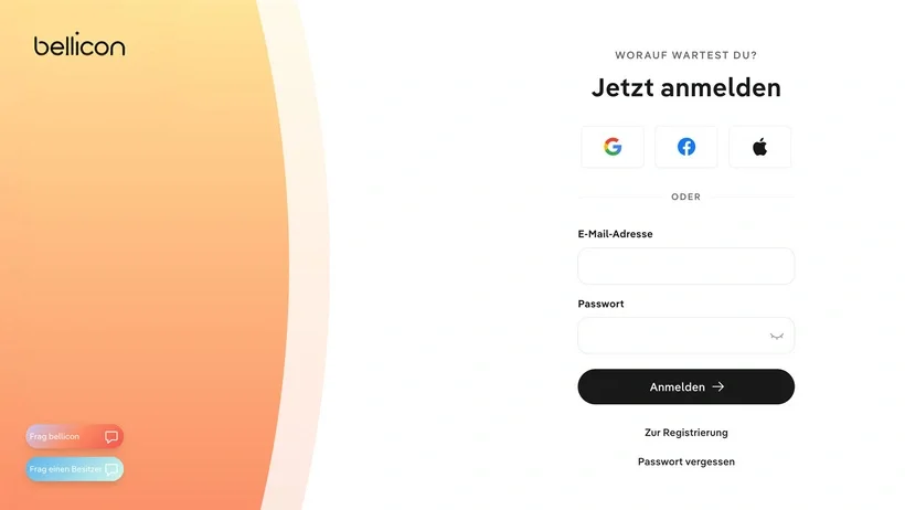 bellicon+ Registrierungsfenster.