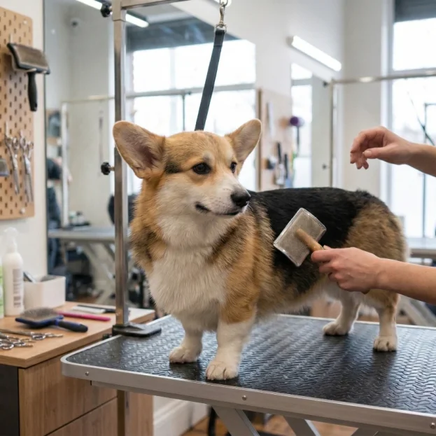 corgi being professionally groomed