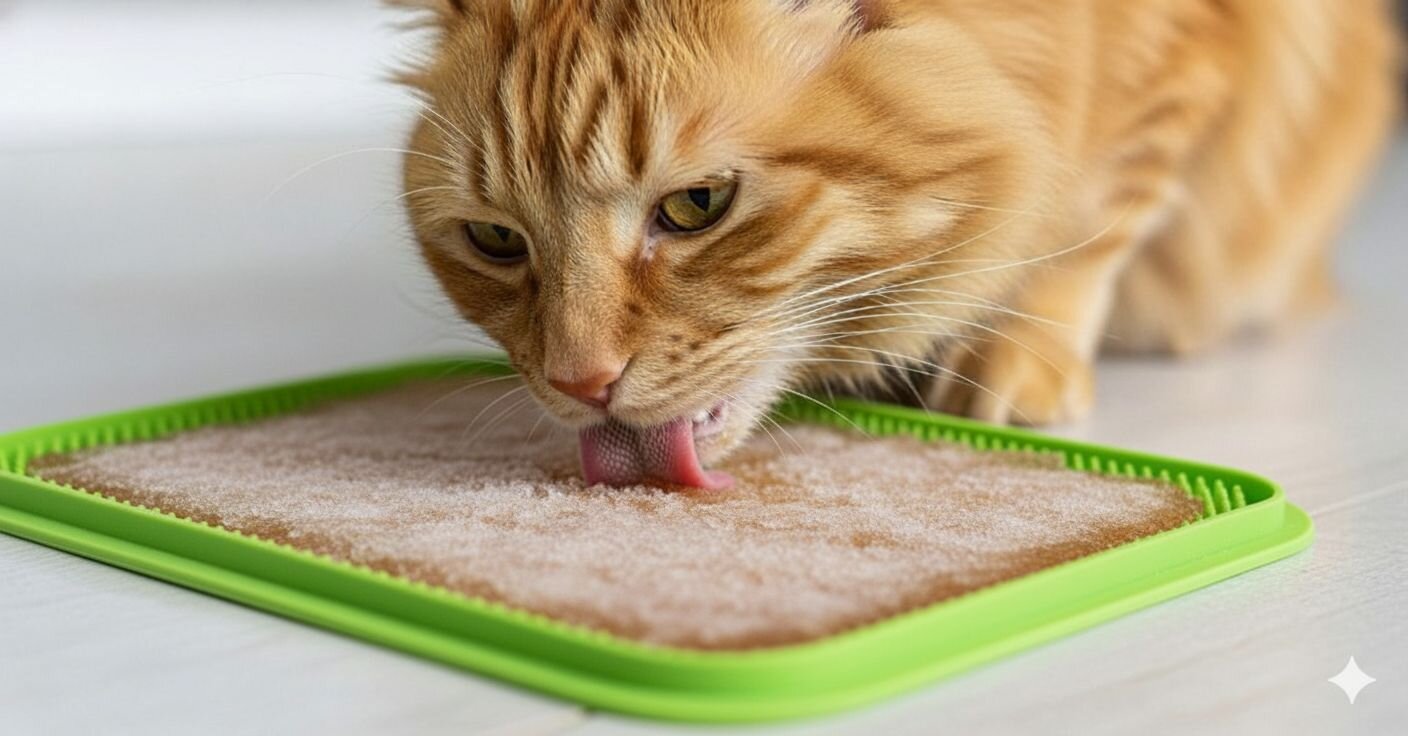 cat licking frozen broth from lick mat
