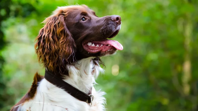 springer spaniel sitting with nature background 