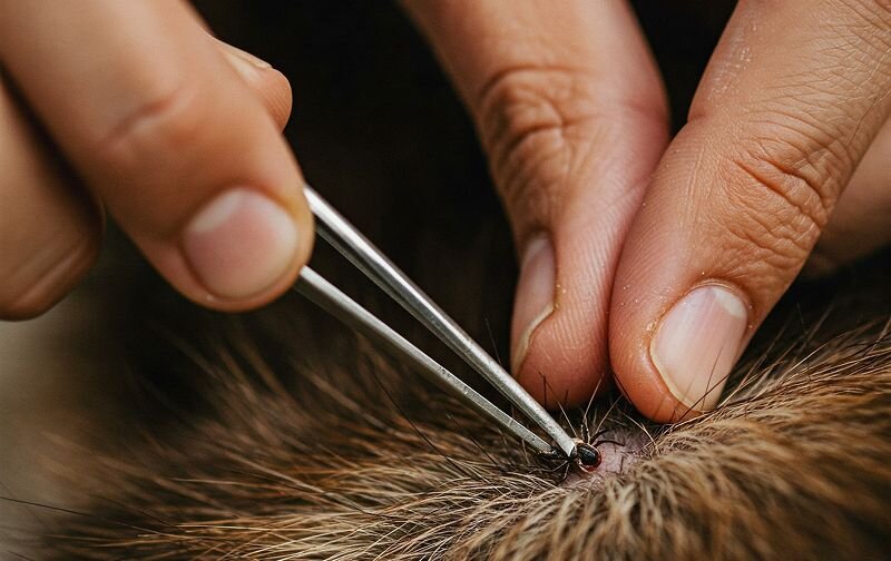 human hands removing tick from pet