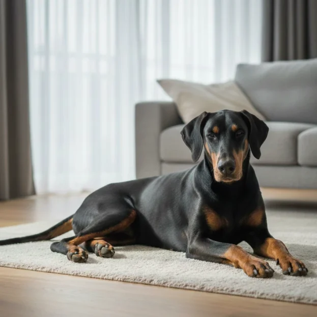 dobermann lying on floor