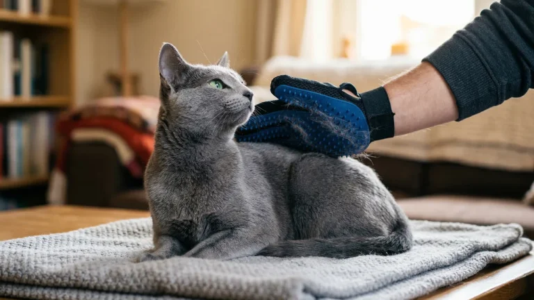 Russian Blue cat being groomed with grooming glove
