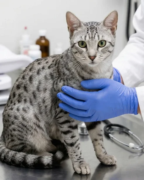 egyptian mau being examined by vet