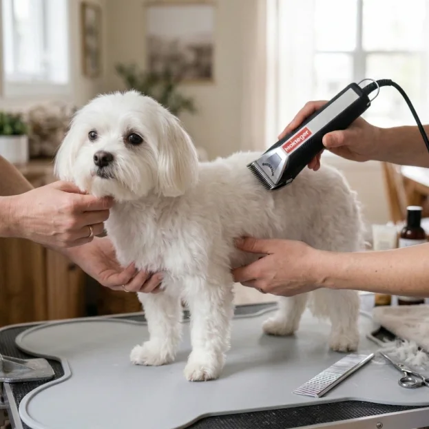 maltese being professionally groomed