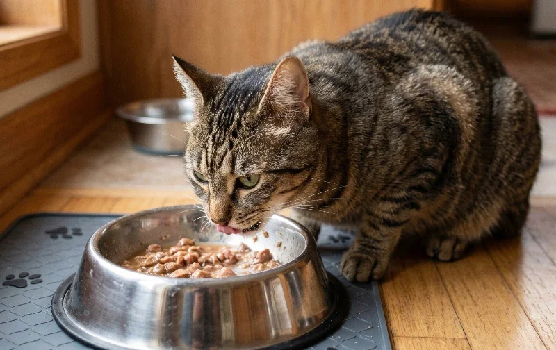 cat eating wet food from stainless steel bowl
